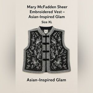 ✨Vintage Mary McFadden Sheer Embroidered Vest – Asian-Inspired Glam Size: XL✨